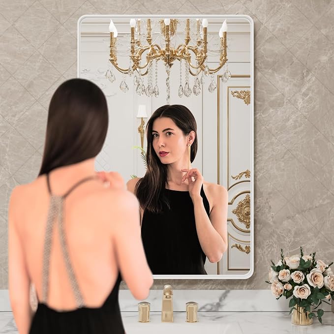LOAAO 24x32 Inch White Metal Framed Bathroom Mirror | Rounded Rectangle Mirror, Anti-Rust, Hangs Horizontally or Vertically