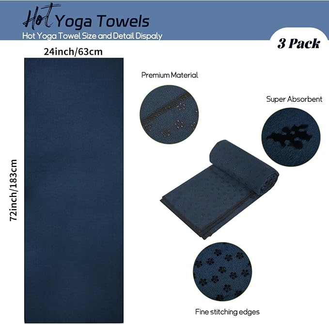 3 Pack Hot Yoga Towels with Plum Blossom Grip Dots, Non Slip Yoga Mat Towel, Super Absorbent Soft Suede Microfiber Mat Cover for Hot Yoga, Pilates, Bikram & Workout, 24" x 72", Navy Blue