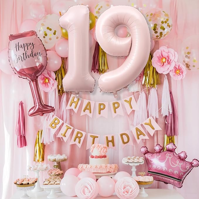 Foil 19 Balloon, Dusty Light Blush Pink Big Number 19 Balloons for Girl Birthday Party Decor, 40'' Mylar Helium Number 19 Pastel Baby Pink Balloon for Women 19th Birthday Party Anniversary Decorations