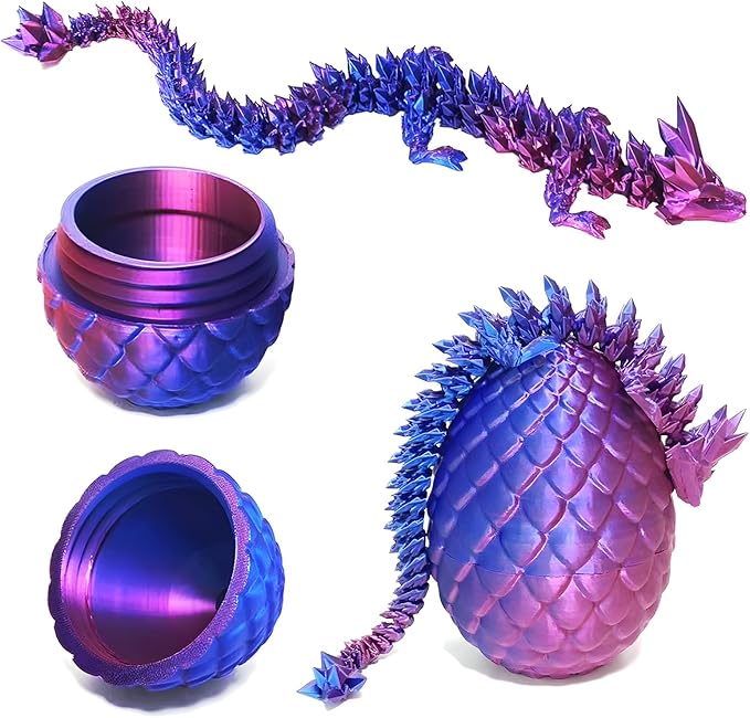 Pigmiss 2Packs 3D Printed Dragon Egg Crystal Dragon Fidget Toy Full Articulated Dragon Mystery Dragon Eggs with Dragon Inside Home Office Desk Decor Gifts Toys (Purple+Rainbow)