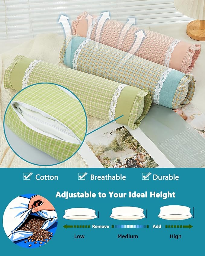 Buckwheat Cylinder Neck Pillow,15.7"x4.7" Adjustable Hull Filling for Cervical Support, Checkered Pattern Ergonomic Roll Pillow for Back/Side Sleepers, Removable Washable Cover,Blue