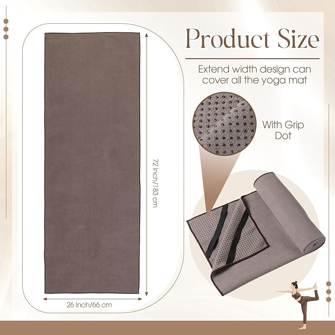 Hahafelt 3 Pack Hot Yoga Mat Towel Non Slip Microfiber Pilates Towel with Grip Dots & Elastic Straps, 72" x 26" Absorbent Sweat Anti-Slip Hot Yoga Gym Mat for Fitness Workout(Beige Dark Gray Coffee)