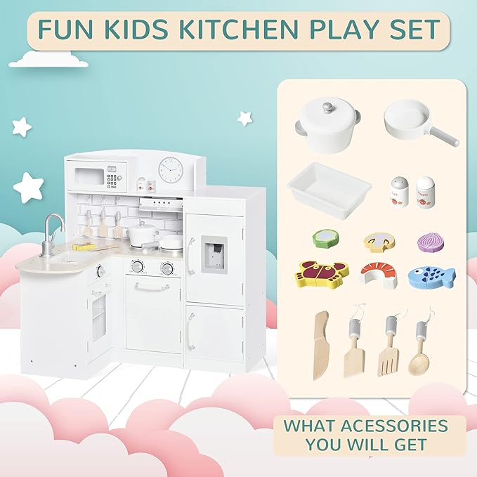 Qaba Corner Kids Kitchen Playset, Wooden Pretend Toy Kitchen Set with Drinking Fountain, Microwave, Fridge and Accessories, Pretend Play Kitchen for 3+ Years, White