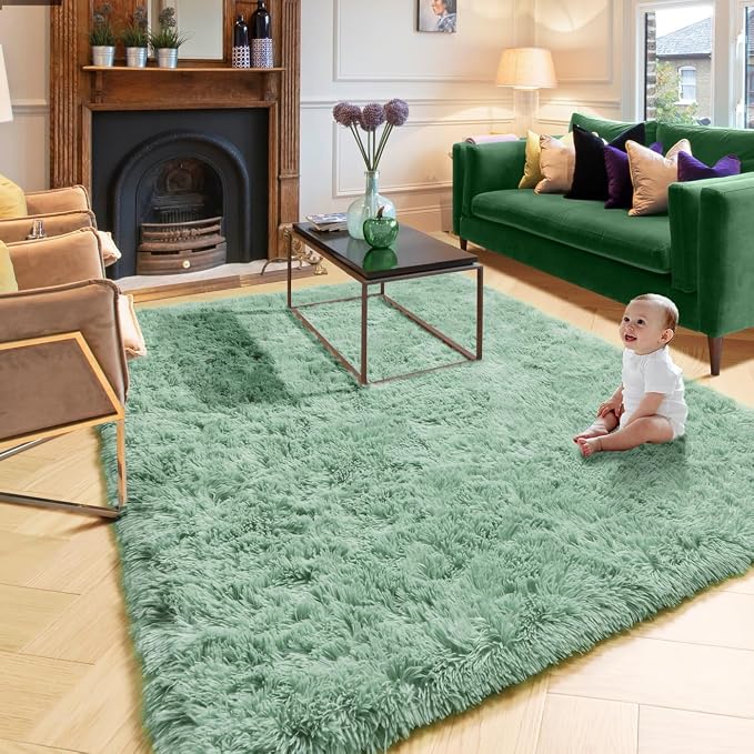 Amdrebio Sage Green Large Fluffy Rug 6x9 for Living Room Bedroom Nursery | Plush Furry Fuzzy Shag Shaggy Kids Carpet, Preppy Dorm Playroom Classroom Decor, Light Mint Green Color, Baby Toddler Corner