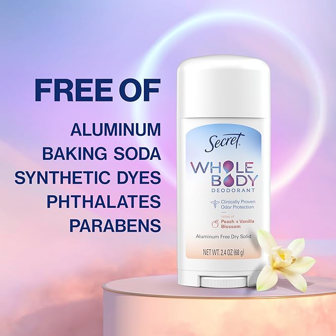 Secret Whole Body Deodorant Stick for Women, Naturally Derived Ingredients, Peach & Vanilla Scent, Aluminum Free Deodorant Stick, 72 HR Odor Protection, 2.4 oz