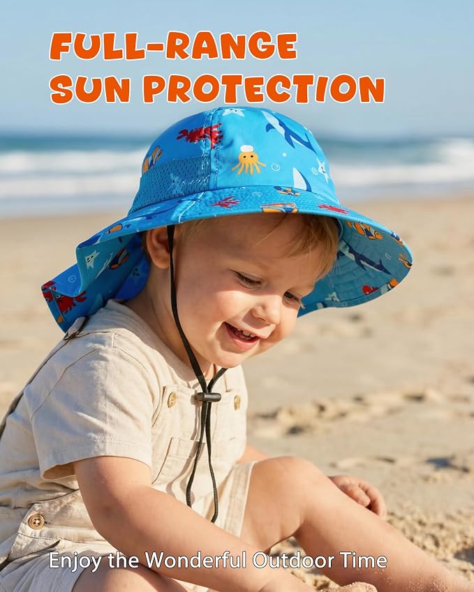 Toddler Baby Sun Hat Kids Summer Beach Essentials Adjustable Beach Hats with Bucket Wide Brim for Boys Girls Age 0-14 Years