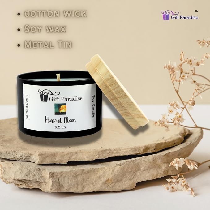Harvest Moon Soy Wax Candle in Black Metal Tin, 6.5 oz, Cotton Wick, Midnight Plum, Harvest Quince