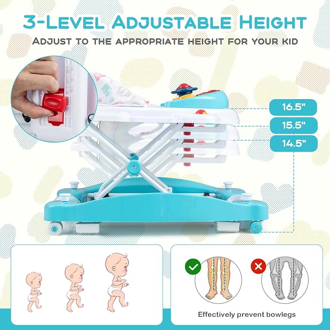 BABY JOY 6-in-1 Baby Walker, Foldable Baby Walker with Wheels, Adjustable Height, Music, Lights, Bouncer & Rocker Mode, Baby Walkers for Boys Girls 6-14 Months (Green)