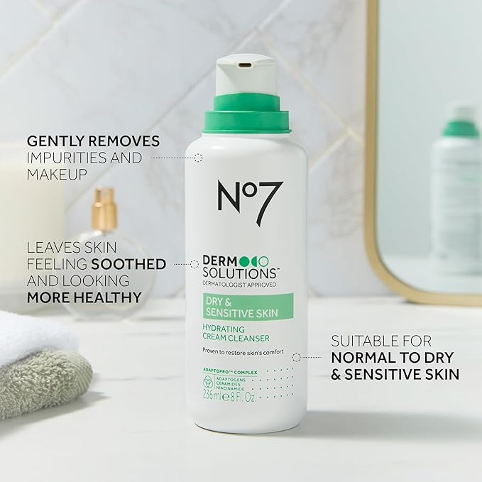 No7 Derm Solutions Hydrating Facial Cleanser - Gentle Cream Face Wash Formulated with Ceramides, Niacinamide & Adaptogens to Help Maintain Skin's Moisture Barrier - For Dry & Sensitive Skin (16 Fl Oz)