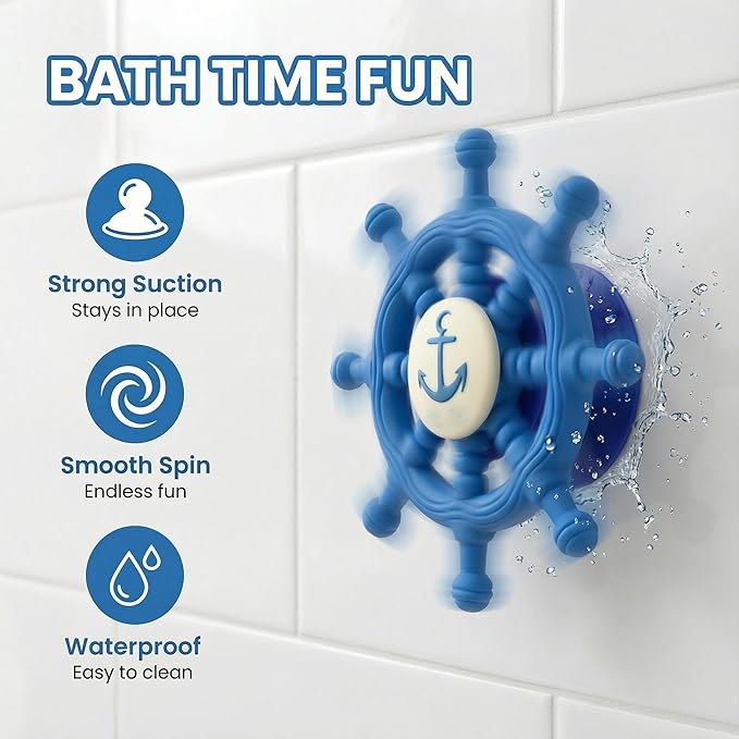 Suction Cup Spinning Toy - Navy Blue Ship Steering Wheel for Babies and Toddlers, Bathtub and High Chair Sensory Activity Toy, Car Window Travel Toys with Strong Grip