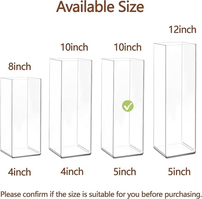 Acrylic Square Flower Vase, Non-breakable Vase, 5" x 5" x 10" Tall Clear Vases for Flower, Large Cube Floral Plant Container, Planter Terrarium for Wedding Party Event, Home Office Decor