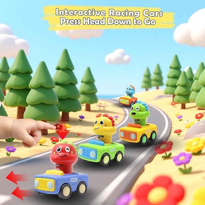 Pbooo Press to Go Car, Dinoaur Car Toys for Toddlers 1-3, Kids' Play Vehicles and Race Cars, Push Go Cars for 6-12-18 Month, Ideal Christmas and Birthday Gift for 1-2 Year Old Kids
