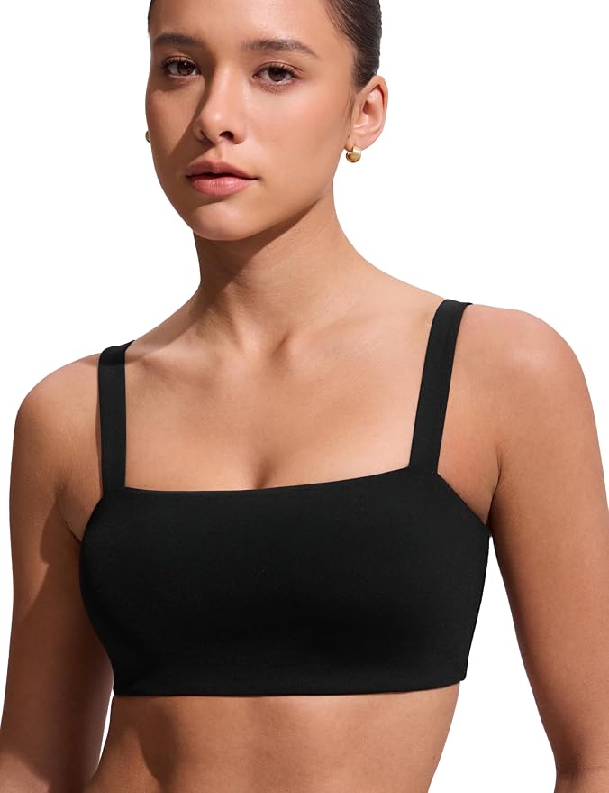 CRZ YOGA Square Neck Bikini Tops for Women - Padded Wide Straps Full Coverage Bathing Suit Swim Bra