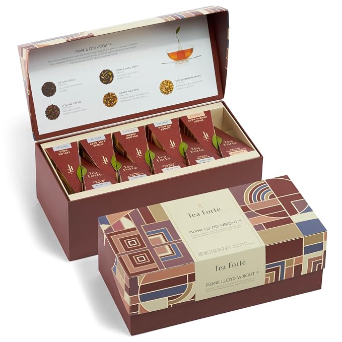 Tea Forte Premium Presentation Box Gift Set Sampler, 20 Count, Assorted Blends Individually Wrapped Handcrafted Pyramid Infuser Bags, Frank Lloyd Wright