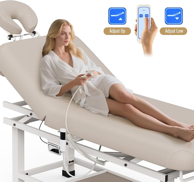 Olela Electric Heated Massage Table - Stationary Massage Table with Heating Function and Storage, Treatment Table with Electric Lift & Manual Adjustable Backrest, Metal Frame for Massage, Spa So On