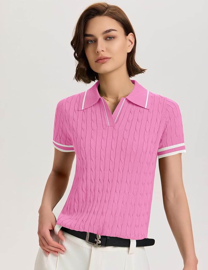 Micoson Womens Short Sleeve Sweater Tops Lapel V Neck Polo Shirts 2026 | Summer Cable Knit Loose Blouses, Business Casual Outfits