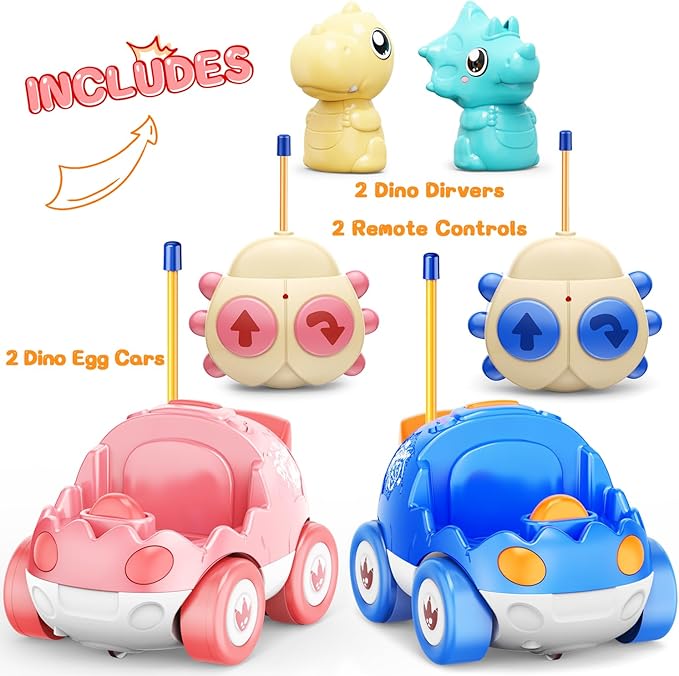 2 Pack Pink Dinosaur Remote Control Car Toys, Valentine's Day Birthday Gifts for Boys Girls 2 3 4 Years Old, Dino RC Car with Music and Light, Toddlers Toys for Kids 2-4 Year Old,(Pink Blue)