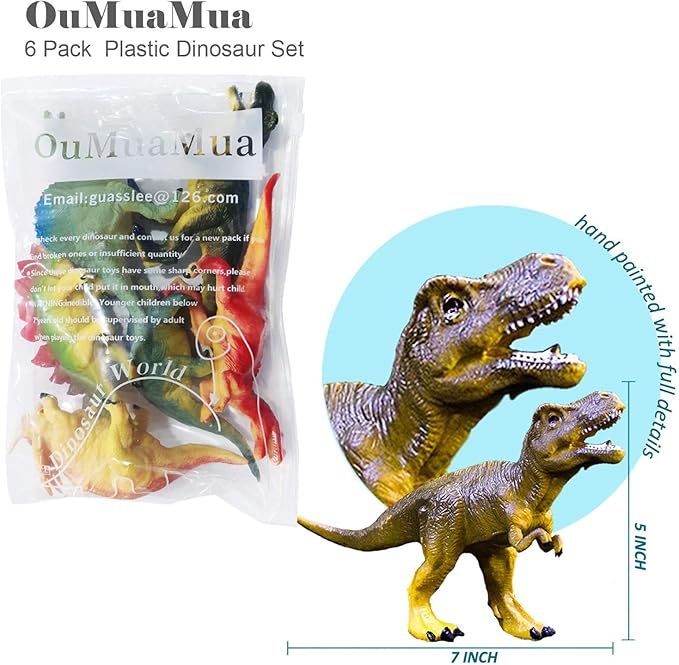 OuMuaMua Dinosaur Toys, Plastic Dinosaur Figure Set, Ideal Education Toys for Kids and Toddler, Including T-Rex, Stegosaurus, Monoclonius, 6 to 7 Inch Large Size, 6 Pack