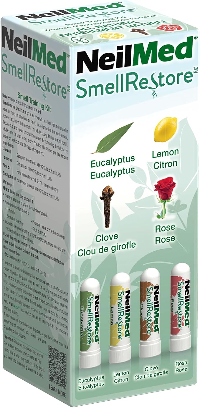 NeilMed Smell Restore - All Natural Smell Training Kit with 4 Separate Essential Oil Inhalers. Eucalyptus, Rose, Lemon and Clove