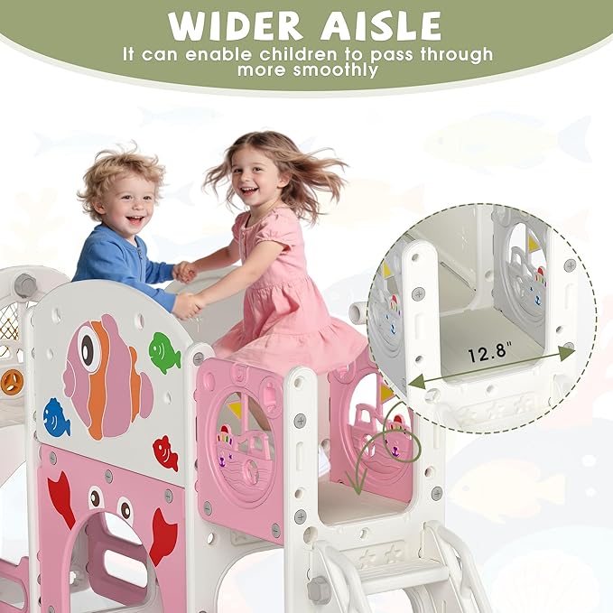 NYEEKOY 8-in-1 Toddler Slide, Toddler Outdoor Playset, with Toddler Climber and Kids Slide, Suitable for Indoor Playground for Kids 1-3, Pink Fish