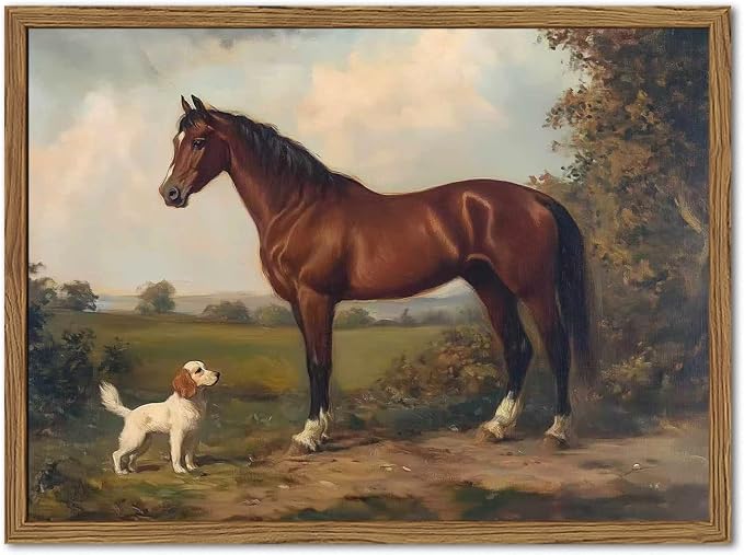 Framed Vintage Wall Art, Rustic Horse and Dog Pictures Wall Decor, Farmhouse Animal landscape Paintings Canvas Prints Neutral Aesthetic Home Decor for Living Room Bedroom Bathroom Office 8x10 inch