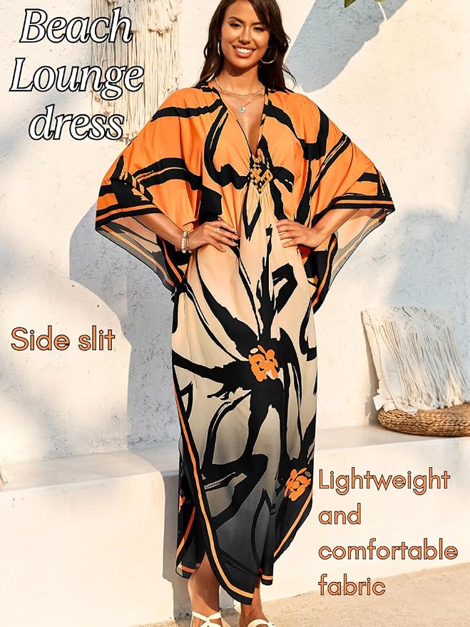 ChiaoLezhee Print Moo-Moos for Women, Kaftan Cover-Up Dresses, Sexy V-Neck High-Slit, Beach Pool-Party Coverups Muumuu Plus