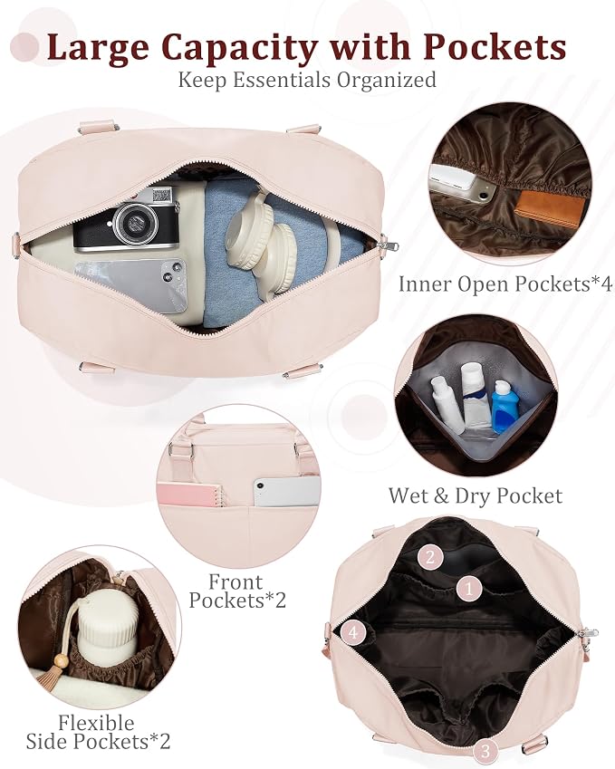 Gym Bag for Women,Travel Duffle Bag for Travel with Wet Pocket Weekender Overnight Carry On Tote Bag Luggage Bag with Trolley Sleeve Personal Item Travel Bag Hospital Diaper Bag Pink