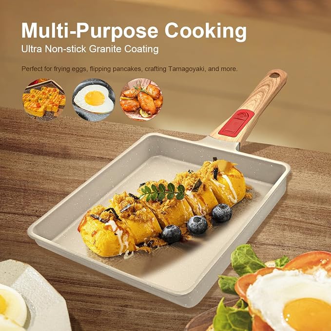 AIKENBBKK Tamagoyaki Japanese Omelette Pan, Japanese Egg Pan, Square Egg Pan Nonstick, Induction-Ready, Detachable Handle, with Silicone Spatula, PFAS & PFOA-Free, Oven Safe, White, 9" x 8.2"