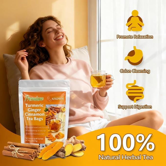 30 Premium Turmeric Ginger Cinnamon Tea Bags, 100% Natural Ingredients Herbal Tea, Turmeric Ginger Herbal Blend for Wellness & Digestive Support, Vegan, No Sugar, Caffeine-Free