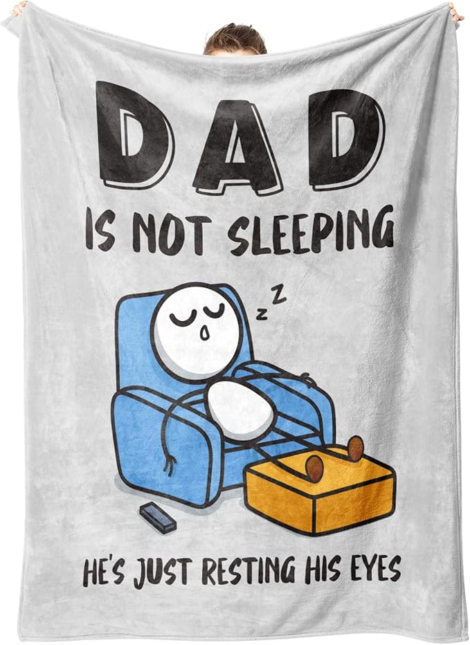 Funny Birthday Gift for Dad Husband, Dad is Not Sleeping Blanket | Dad Gifts from Daughter Son, Super Soft Throws Blanket for Couch and Napping, 60" x 50" (Gray)