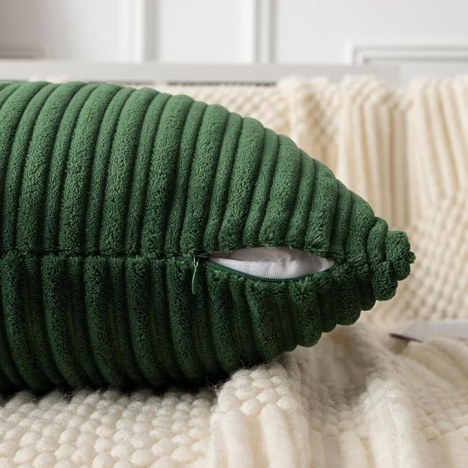 UGASA 12x20 Inch Lumbar Soft Throw Pillow Cover Boho Farmhouse Striped Corduroy Decorative Both Sides Solid Rectangular Cushion Case for Couch Bedroom Sofa Home, 1 Piece, Christmas Green