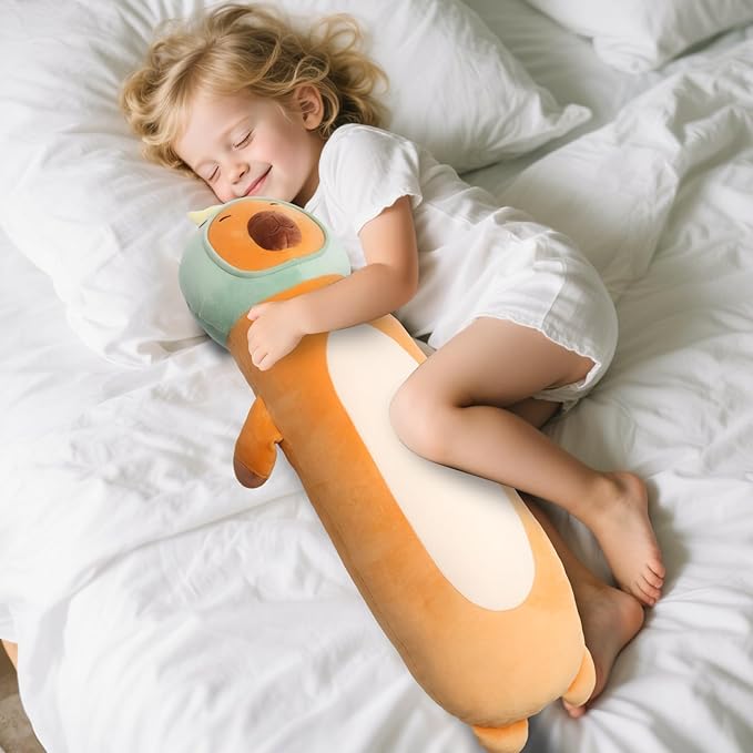36 inch Extra Capybara Plush Long Pillow Toy Soft Stuffed Animal with Cute Dinosaur, Large Cuddle Sleeping Body Capybara Brown Big Plushies Gifts for Kids Boys Girls, Birthday