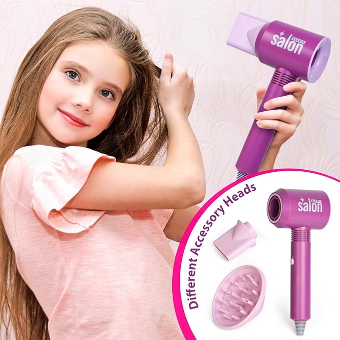 Madzee Girls Beauty Hair Salon Toys for Girls, Pretend Play Hair Stylist Toy Kit with Hairdryer, Pretend Play Hair Styling Toy Playset, Pink