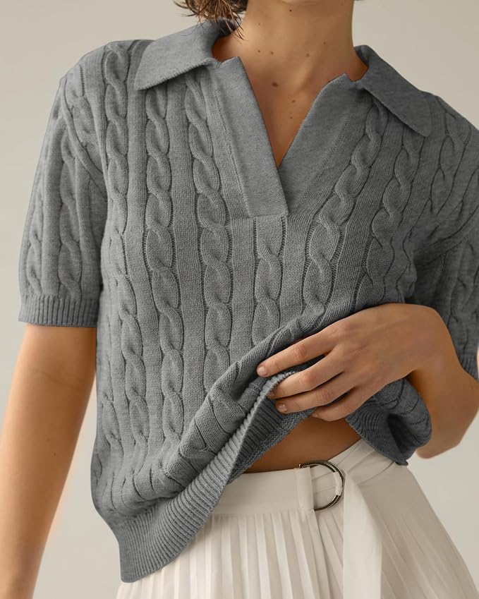 Imily Bela Womens Cable Short Sleeve Sweaters Tops Lapel V Neck Knit Shirt | Solid,Knit Casual,Soft Pullover,Fall Sweaters,Womens Summer Work Tops