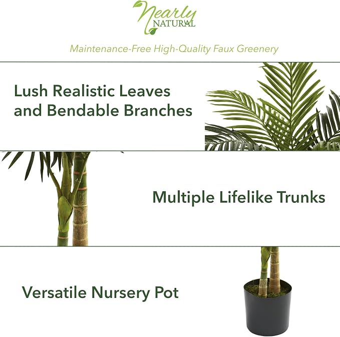 Nearly Natural 5 ft Artificial Golden Cane Palm Tree with Nursery Pot | Double-Stalk Faux Tropical Plant, Indoor Living Room Decor, Easy-Setup, Low-Maintenance