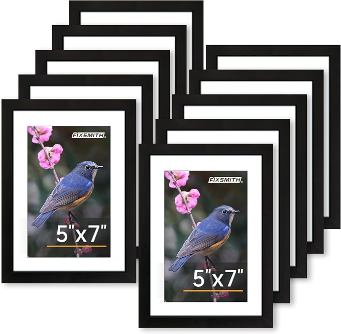 FIXSMITH 5x7 Picture Frame Set of 10, Photo Frame Bulk with HD Plexiglass, Display Pictures 4x6 with Mat or 5x7 Without Mat Multi Picture Frames Collage for Tabletop or Wall Display, Black