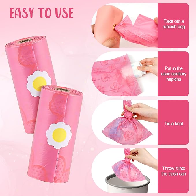 Portable Sanitary Napkin Disposal Bags Sakura Scented with Pink Bag Dispenser 0.5 Gallon Fits Tampons, Sanitary Napkins, Diapers 165 pcs