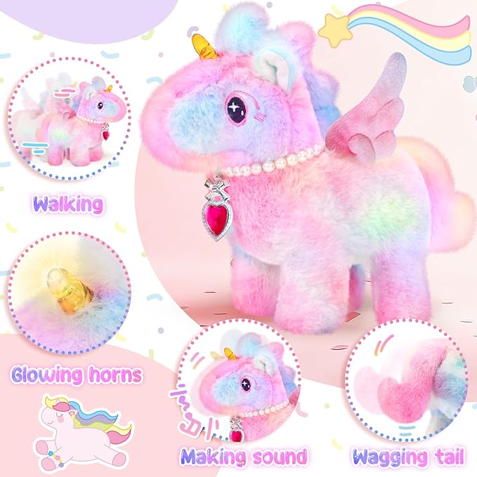 Tagitary Interactive Unicorn Plush Toy with Glowing Horns, Walking Pony Realistic Stuffed Unicorn with Kids Dress Up & Pretend Princess Jewelry Toys,Christmas Birthday Gift Party Favors for Toddlers
