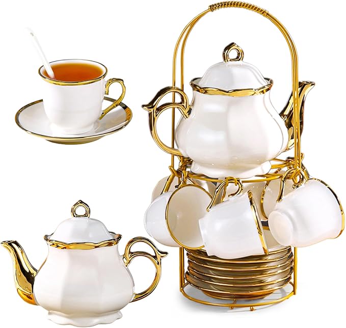 20-Piece Porcelain Tea Sets for Adults, British Style Tea Party Sets for 6 Adults, Includes Tea Cups and Saucers, Teapot, Spoons & Metal Rack, Elegant Ceramic Tea Set for Women, Wedding & Home Decor