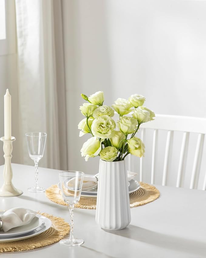 vancasso Ceramic Vase, 7.8 Inch Modern Ribbed Glossy Decorative Vase, Flower vase for Home Decor, Living Room, Bedroom, Office Decor, White