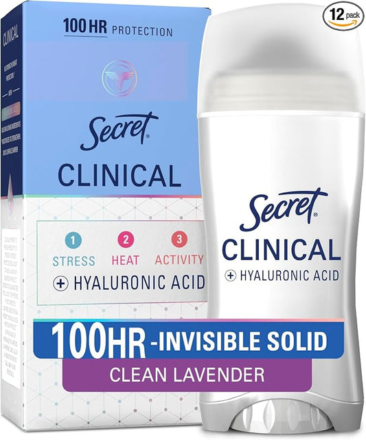 Secret Clinical Strength 100HR Sweat & Odor, Invisible Solid Antiperspirant Deodorant for Women, 3X Stress Protection with Hyaluronic Acid, PH Balanced, Clean Lavender Scent, 2.6 oz (Pack of 12)