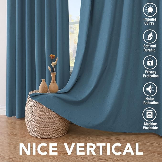 H.VERSAILTEX Linen Curtains 100% Blackout Curtains for Bedroom 102 inch Long Full Light Blocking Nature Linen Blended Window Curtains for Living Room Nickel Grommet (2 Panels, Blue Sapphire)