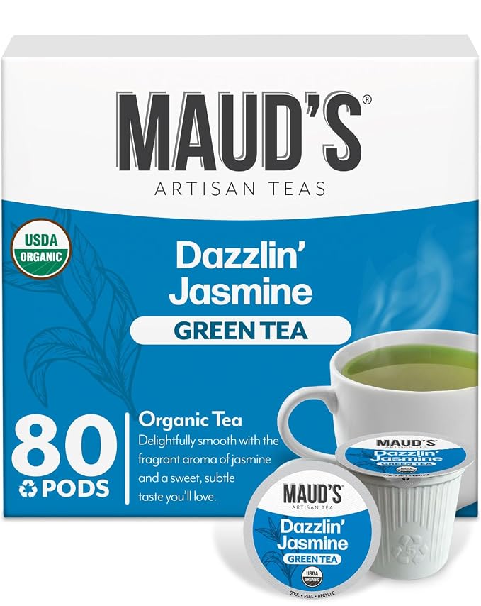 Maud's Organic Jasmine Green Tea Pods, 80 ct, Single Serve Tea Pods – 100% Gourmet Blended Tea Leaves, Compatible with Keurig K Cups Maker