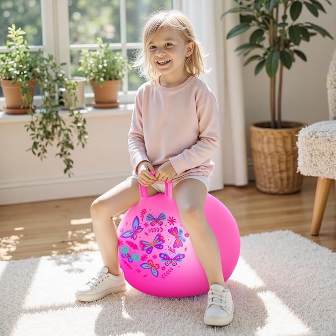PlayZap Hopper Ball for Kids 6-12,20 Inch Pink Bouncy Ball with Handle, Inflatable Hippity Hop Bounce Hopping Toys Indoor Outdoor for Boys Girls Gifts, Butterfly