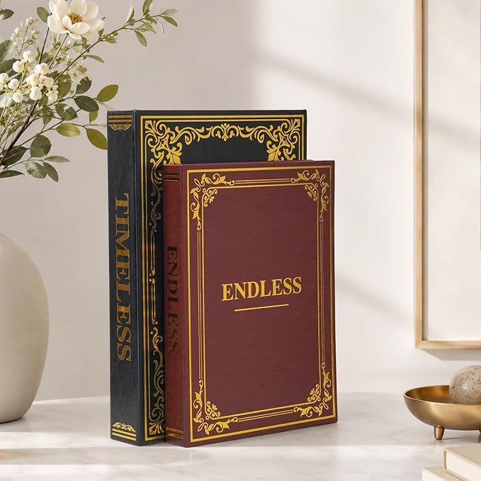 Vintage Decorative Book Storage Box Set of 2, Stylish Faux Leather Decorative Books, Fake Book Storage Box for Bookshelf, Coffee Table, Modern Home Decor, Black & Dark Brown