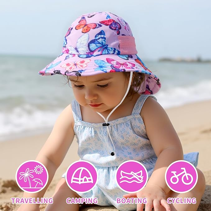 Toddler Baby Sun Hat Kids Summer Beach Essentials Adjustable Beach Hats with Bucket Wide Brim for Boys Girls Age 0-14 Years