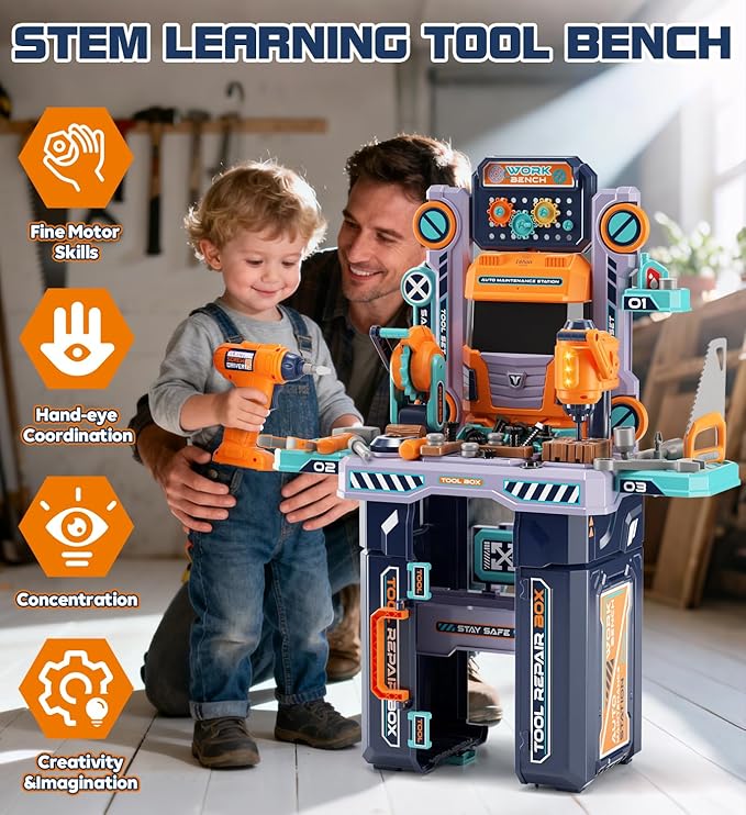 Lehoo Castle Kids Tool Bench (32.5 Inches Tall), Toddler Tool Set with Electric Drill, 2-in-1 Workbench and Toolbox, Pretend Play Tool Toys for Age 3-5, Birthday Gift for Boys