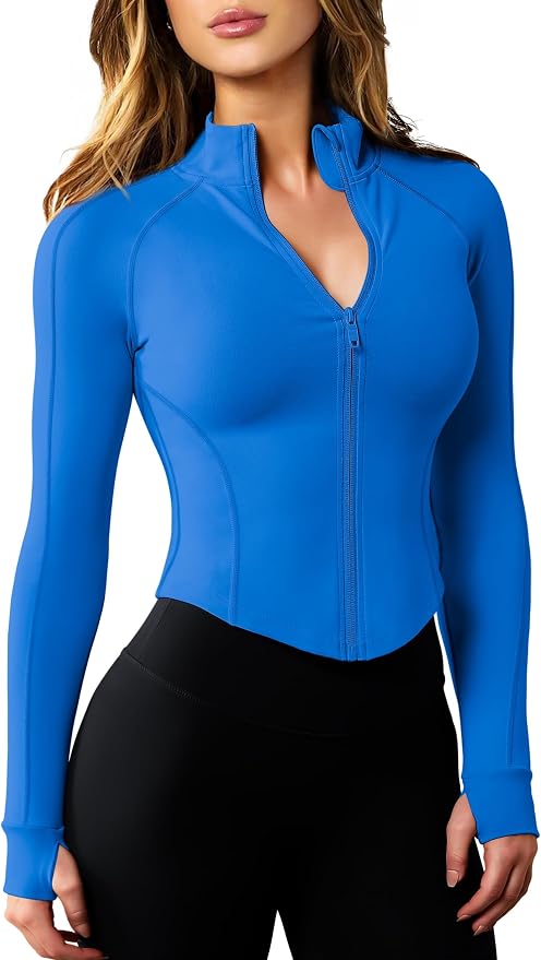 AVGO Women's Workout Jacket Lightweight Zip Up Cropped Yoga Jackets Slim Fit Athletic Tops with Thumb Holes