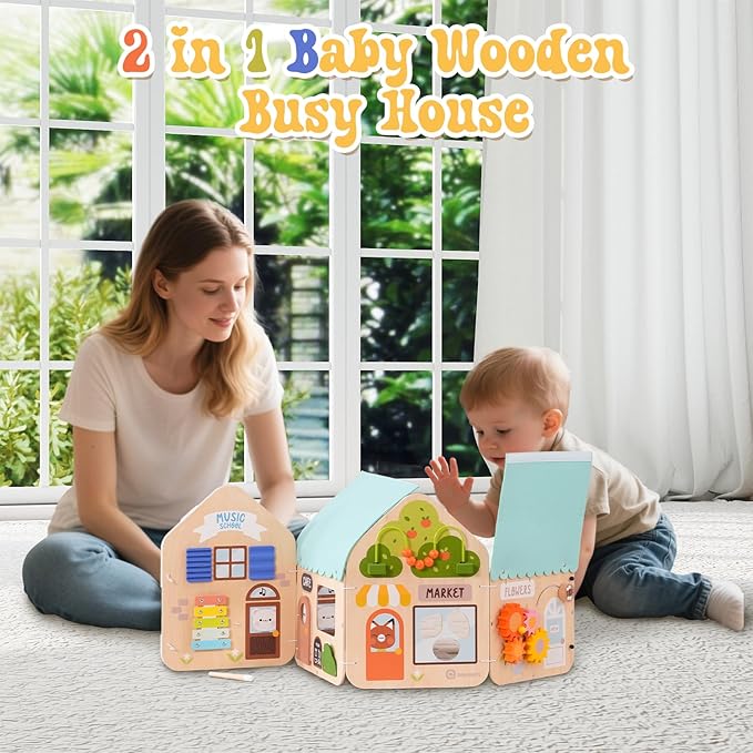2 in 1 Montessori Wooden Busy Board House, Multi-Functional Foldable Busy Board, Fine Motor Skills Training for Little Kids Aged 1-3, Gifts for Boys and Girls