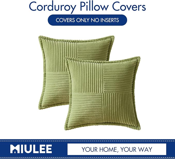 MIULEE Decorative Throw Pillow Covers for Couch 20x20 Inch Green 2 Pack | Boho Broadside Striped Patchwork Pillow Covers, Soft Corduroy Cushion Cases, For Sofa Bed Livingroom Home Decor